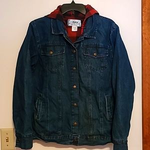 Back In  the Saddle hooded denim blue jean jacket, plaid lining 100% cotton S